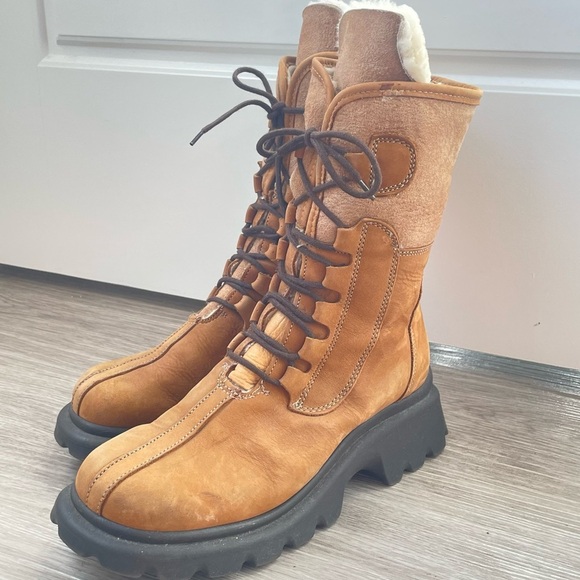 ALDO TAN SHERLING WOOL LACE UP BOOTS SIZE 39 MADE IN ITALY BLOCK HEELS - Picture 5 of 17